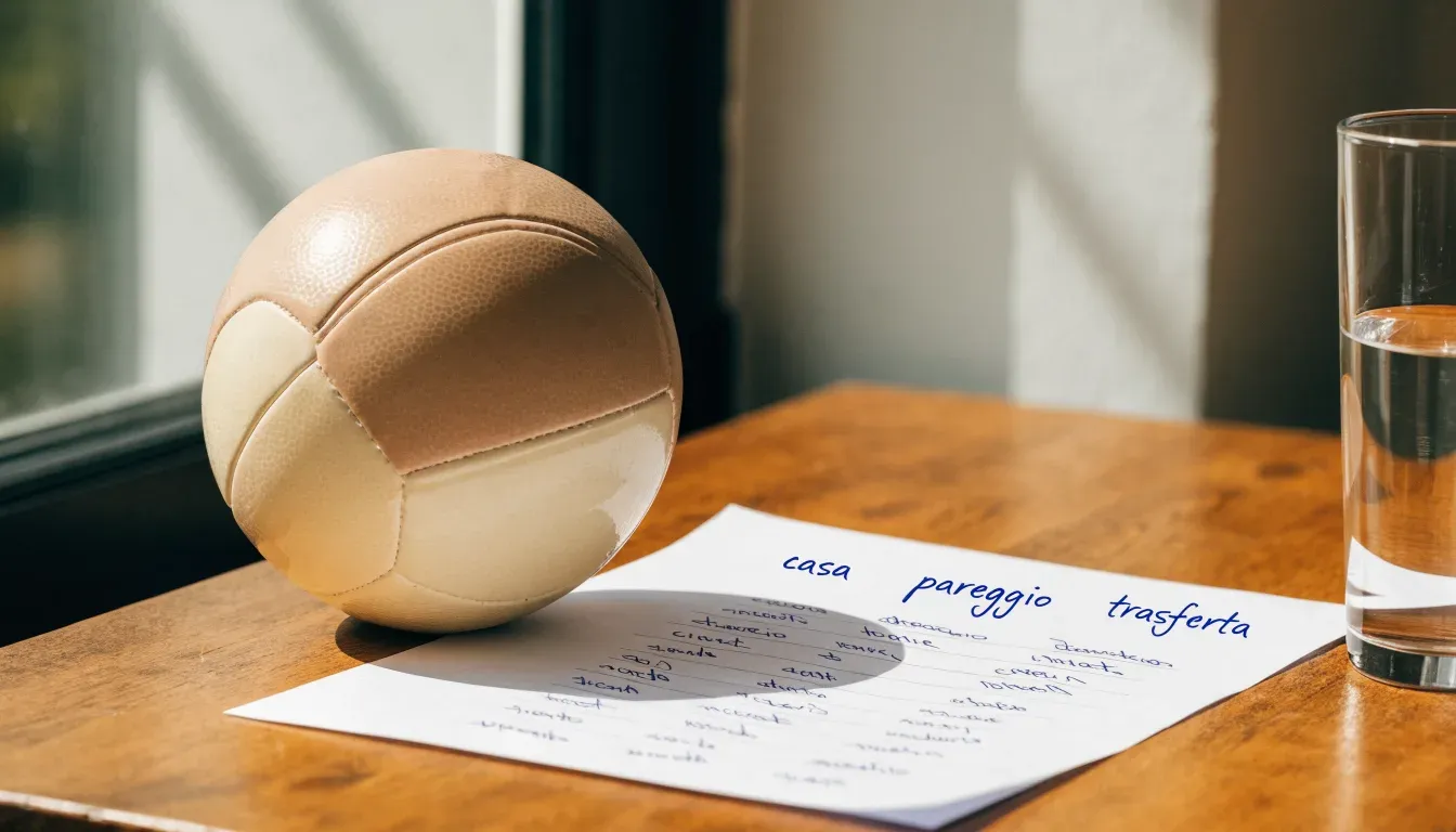 Un pallone da calcio appoggiato su una schedina bianca su un tavolo di legno, alla luce del giorno