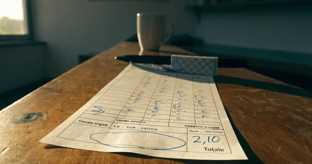 Una schedina con diverse selezioni segnate a penna su un bancone di legno