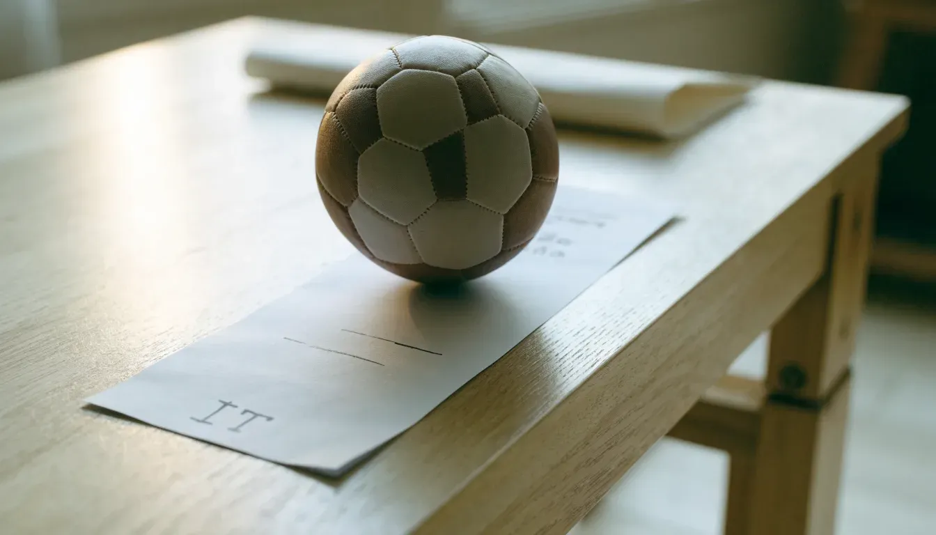 Un pallone da calcio appoggiato su una schedina bianca su un tavolo di legno, alla luce del giorno