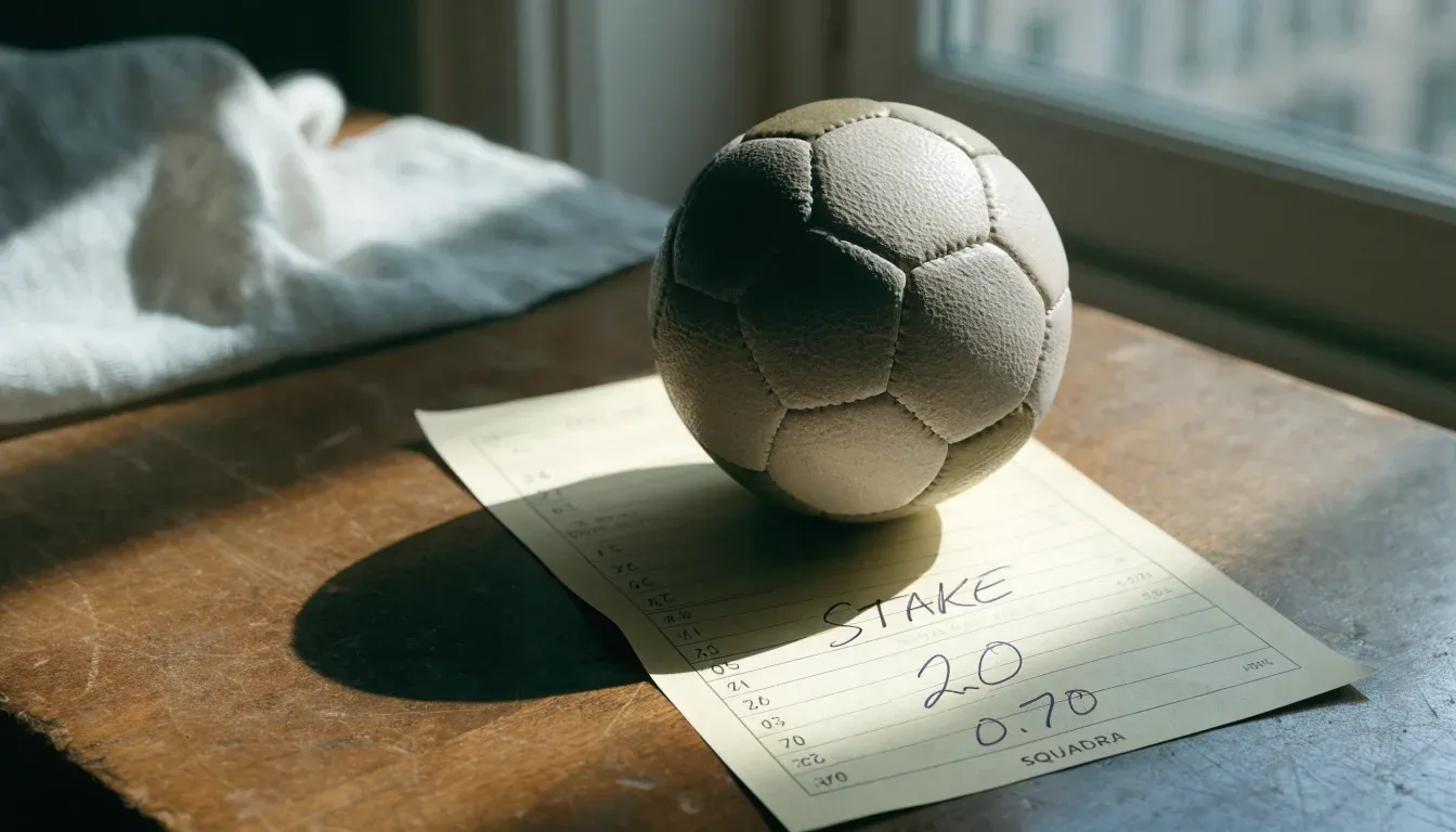 Un pallone da calcio appoggiato su una schedina bianca su un tavolo di legno, alla luce del giorno