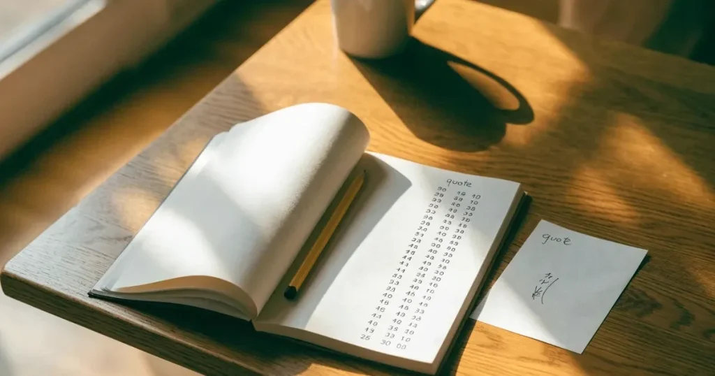 Un quaderno aperto con quote scritte a mano, una calcolatrice e una matita su un tavolo di legno