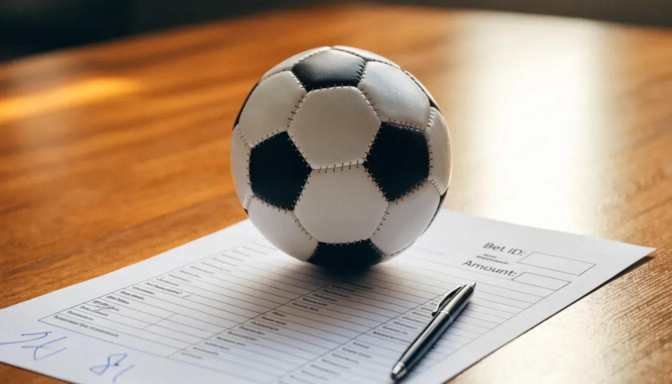 Un pallone da calcio appoggiato su una schedina bianca su un tavolo di legno, alla luce del giorno