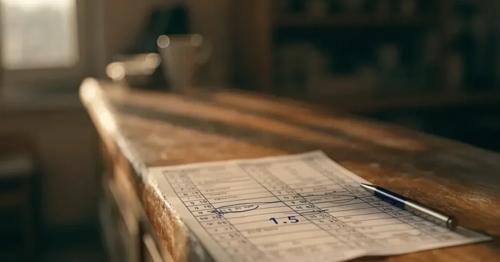 Una schedina con diverse selezioni segnate a penna su un bancone di legno