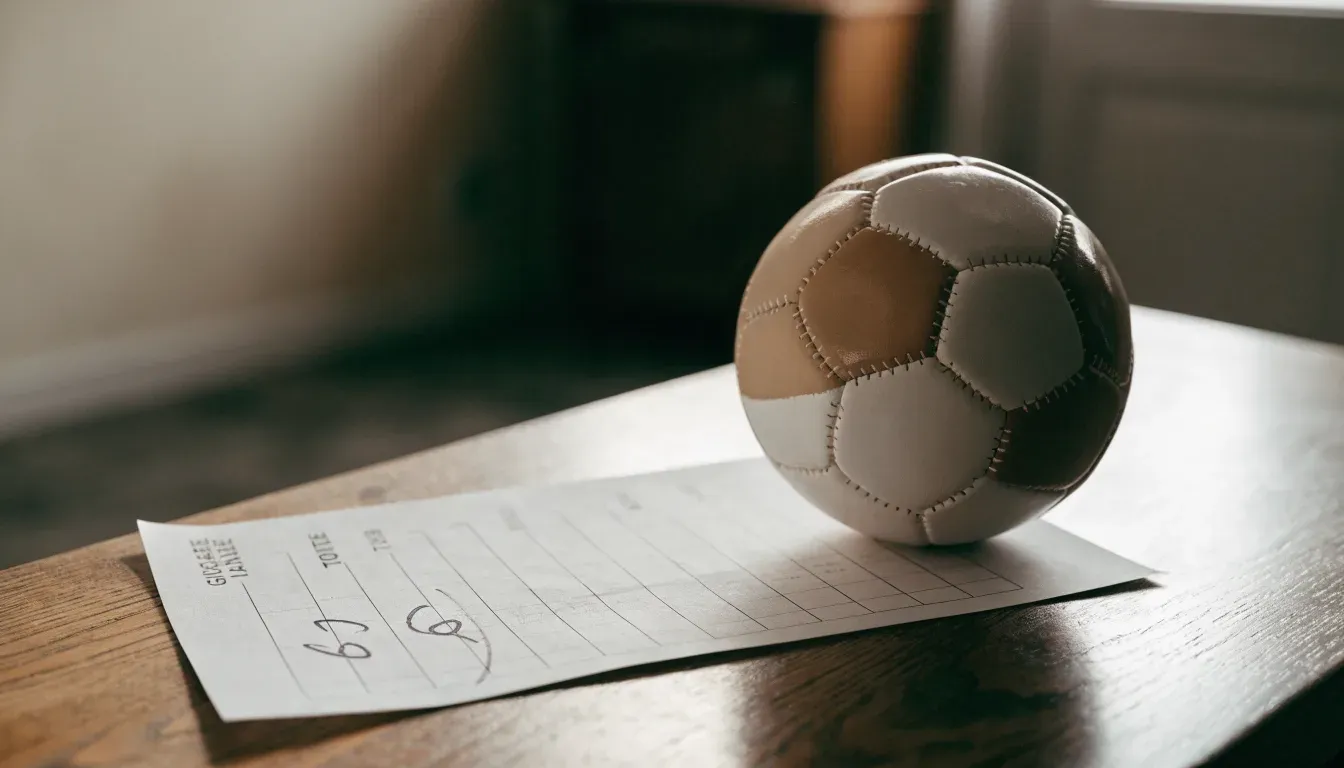 Un pallone da calcio appoggiato su una schedina bianca su un tavolo di legno, alla luce del giorno