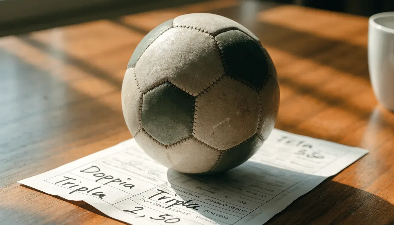 Un pallone da calcio appoggiato su una schedina bianca su un tavolo di legno, alla luce del giorno
