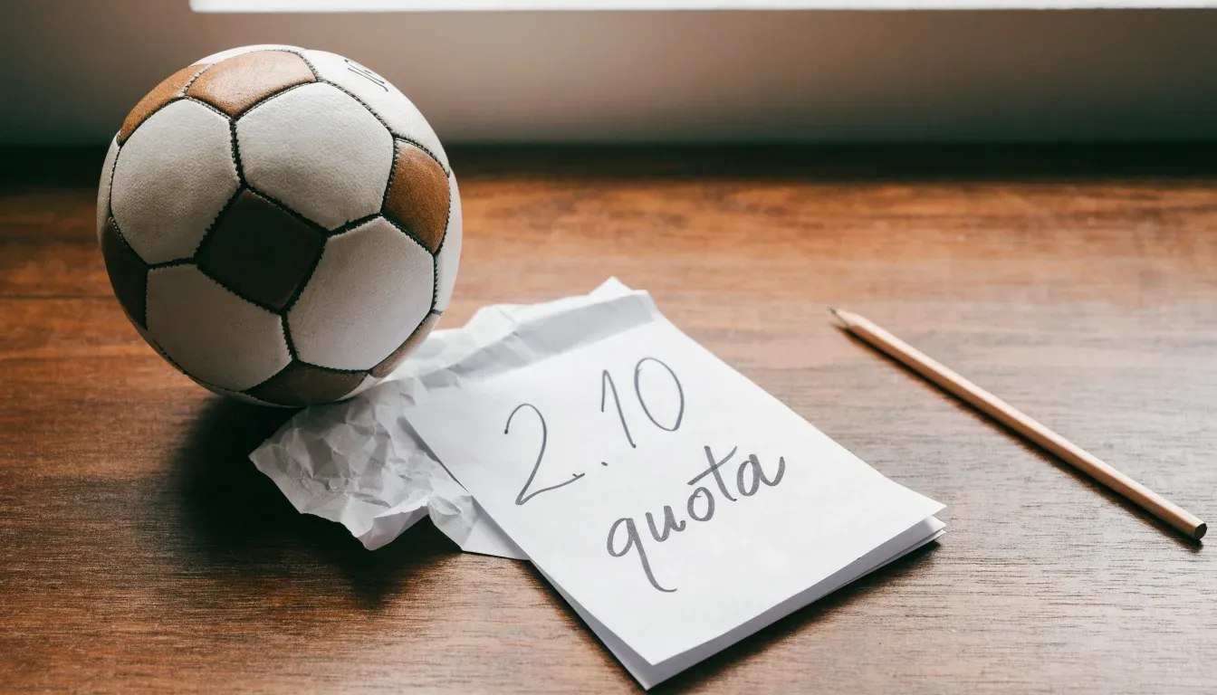 Un pallone da calcio appoggiato su una schedina bianca su un tavolo di legno, alla luce del giorno