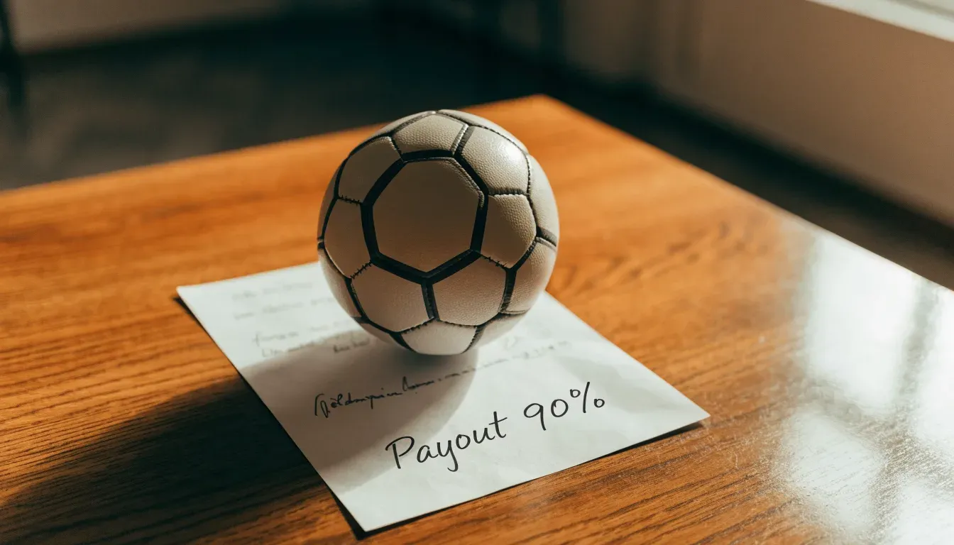 Un pallone da calcio appoggiato su una schedina bianca su un tavolo di legno, alla luce del giorno