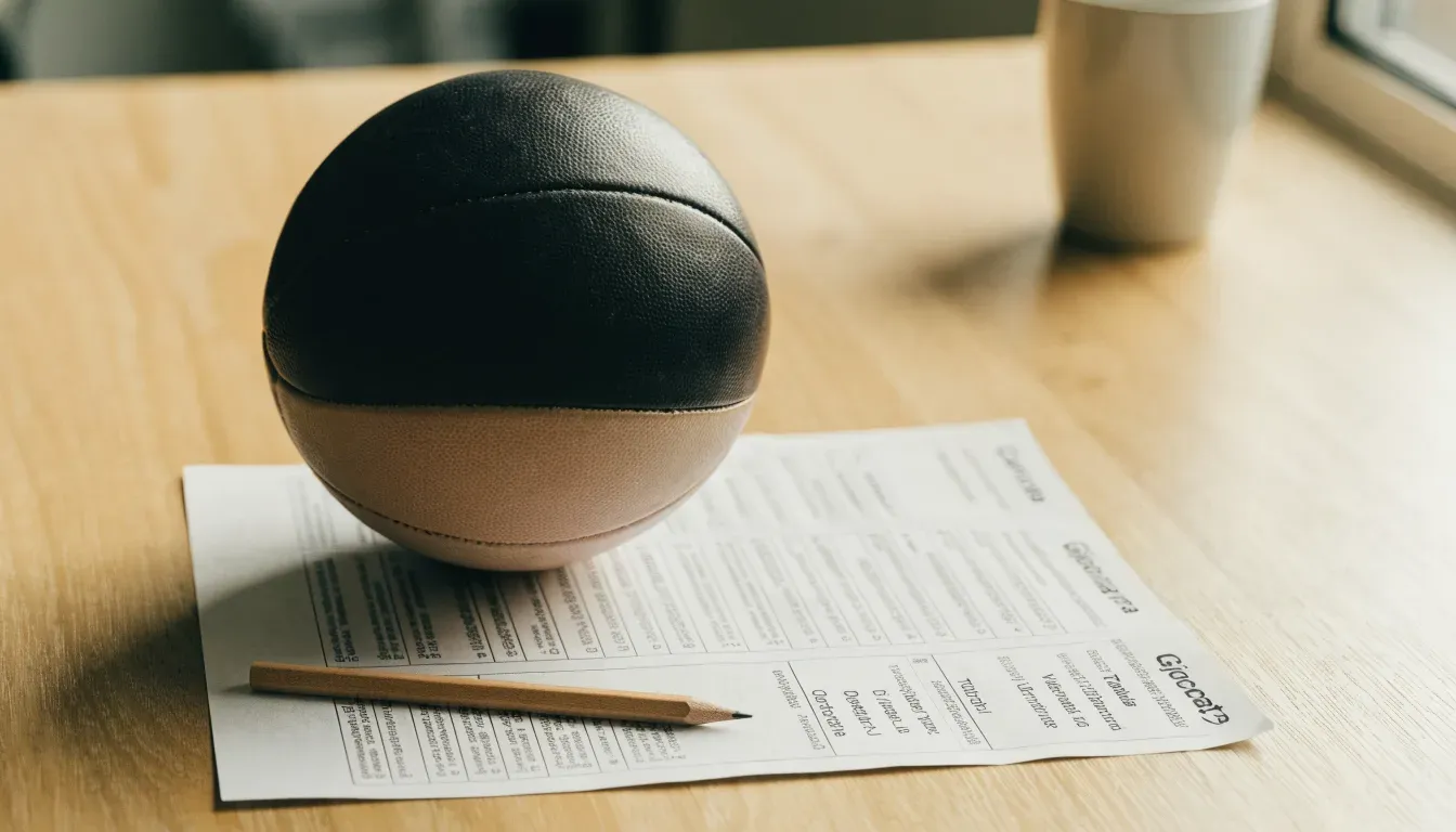 Un pallone da calcio appoggiato su una schedina bianca su un tavolo di legno, alla luce del giorno