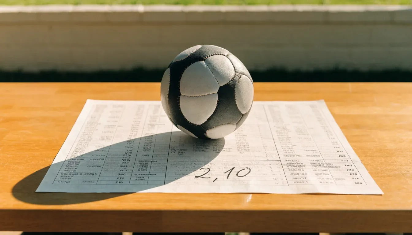 Un pallone da calcio appoggiato su una schedina bianca su un tavolo di legno, alla luce del giorno