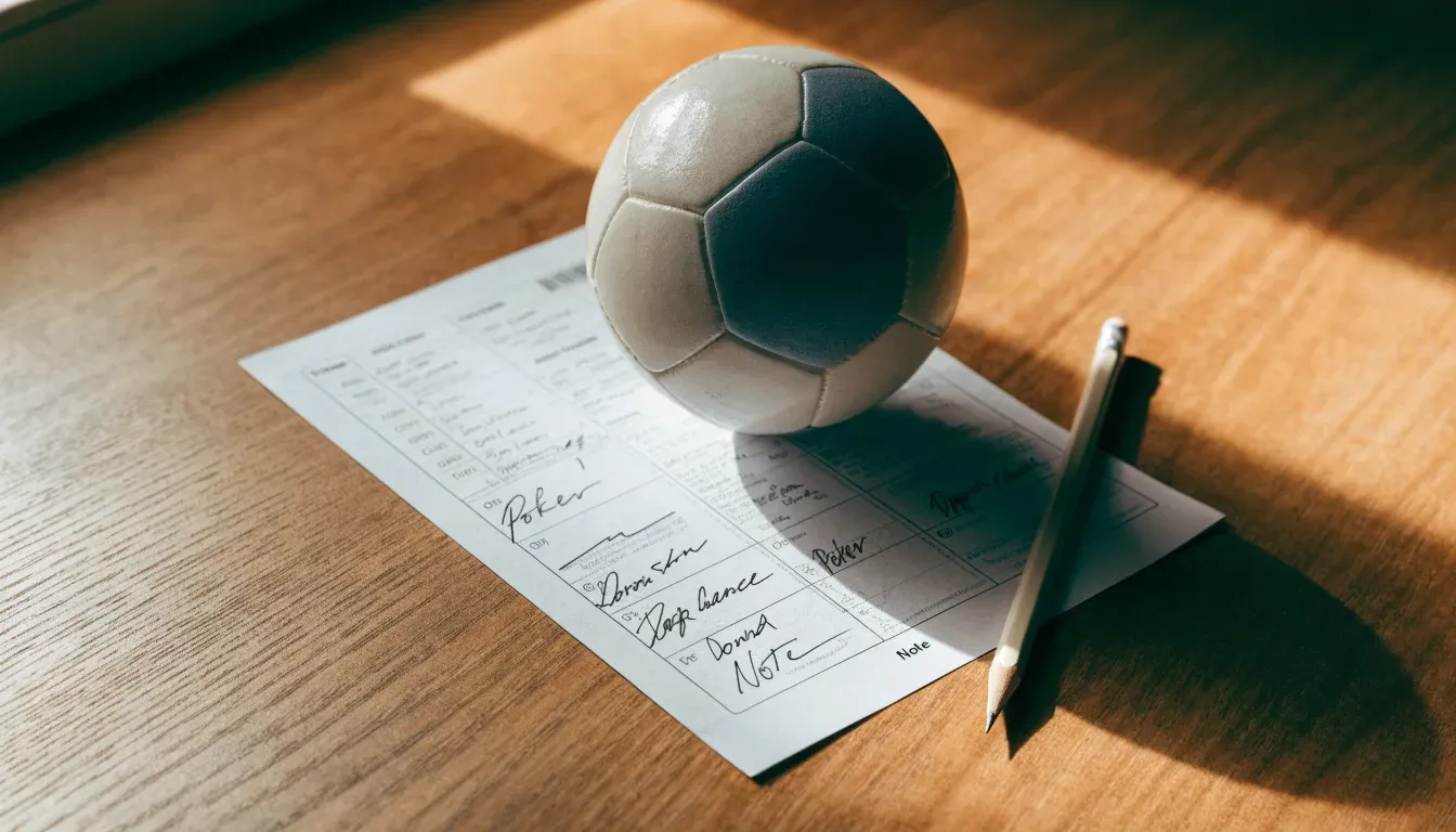 Un pallone da calcio appoggiato su una schedina bianca su un tavolo di legno, alla luce del giorno