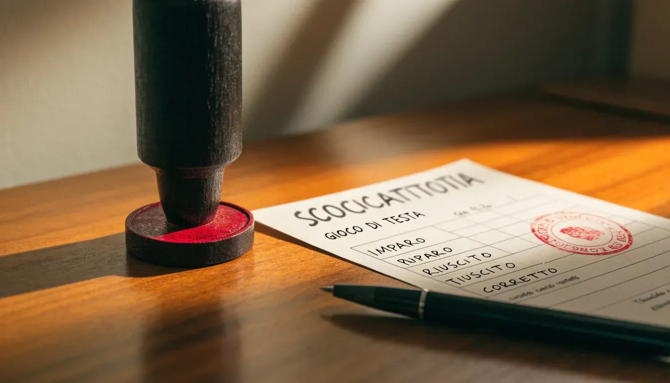 Un foglio di concessione in carta con un timbro rosso, appoggiato su una scrivania di legno accanto a una penna
