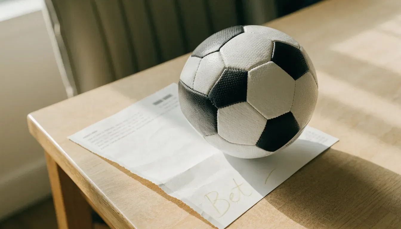 Un pallone da calcio appoggiato su una schedina bianca su un tavolo di legno, alla luce del giorno
