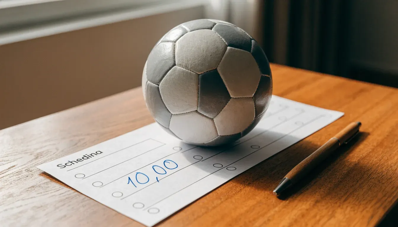 Un pallone da calcio appoggiato su una schedina bianca su un tavolo di legno, alla luce del giorno