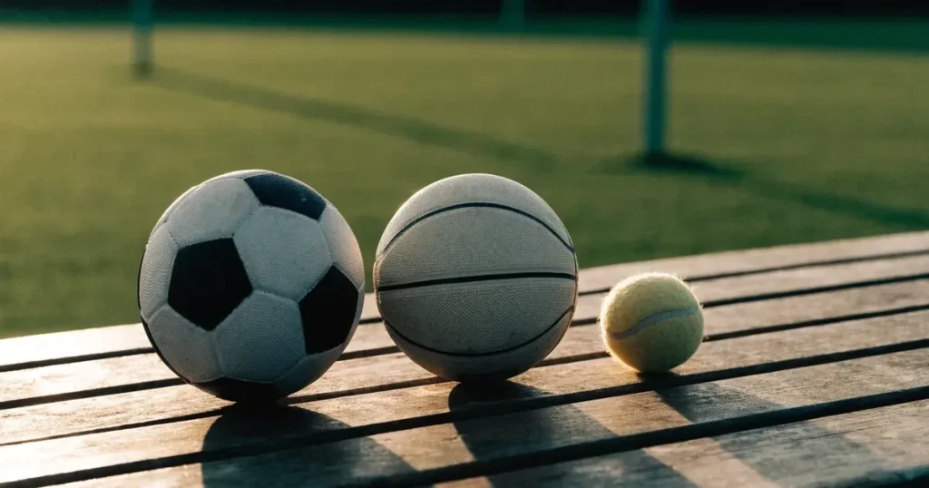 Tre palloni di sport diversi allineati uno accanto all'altro su una panca di legno