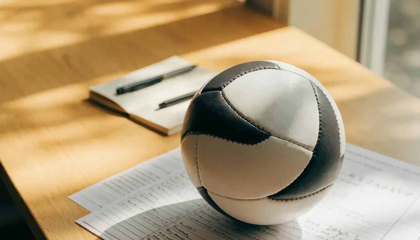 Un pallone da calcio appoggiato su una schedina bianca su un tavolo di legno, alla luce del giorno