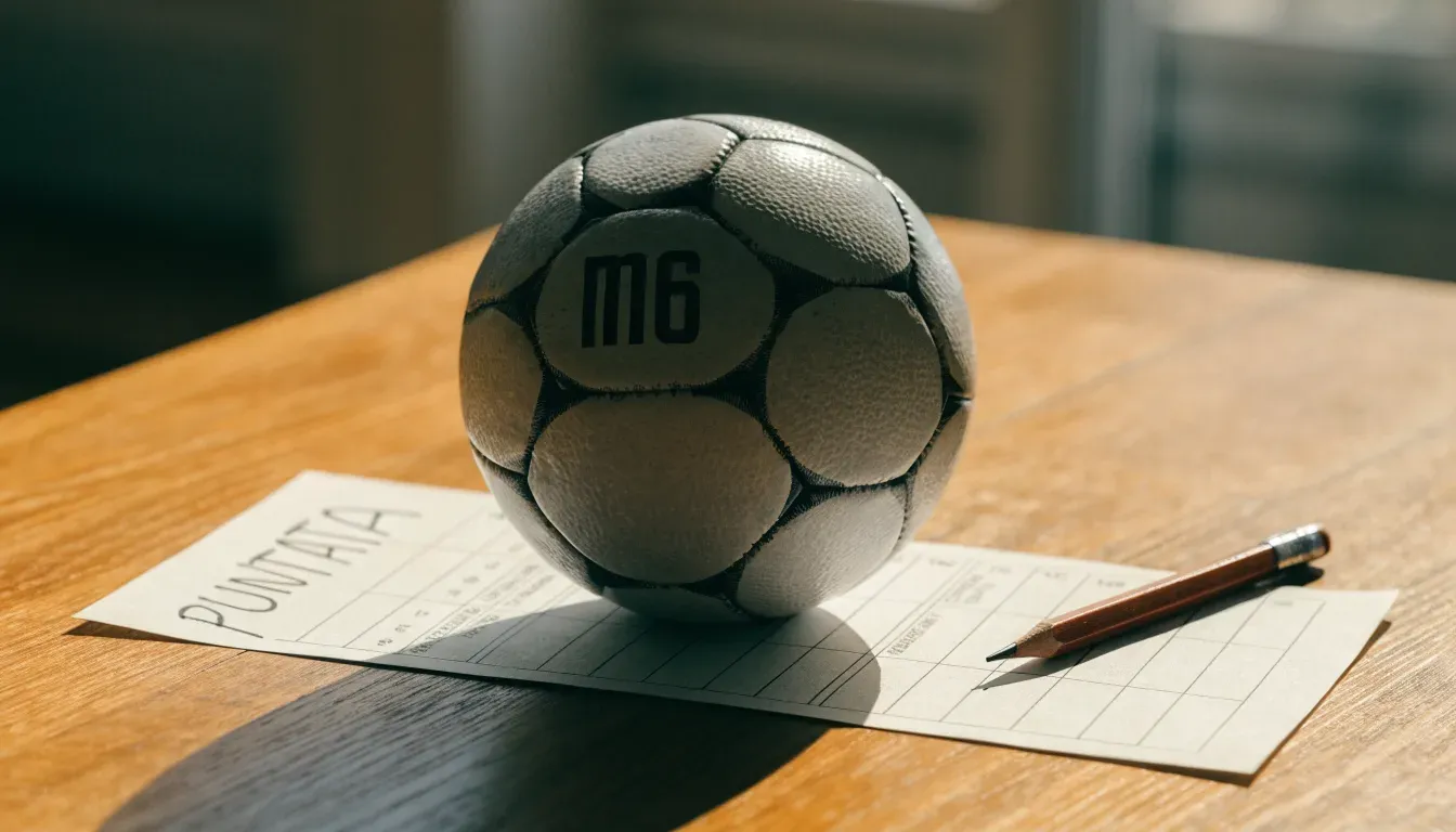 Un pallone da calcio appoggiato su una schedina bianca su un tavolo di legno, alla luce del giorno