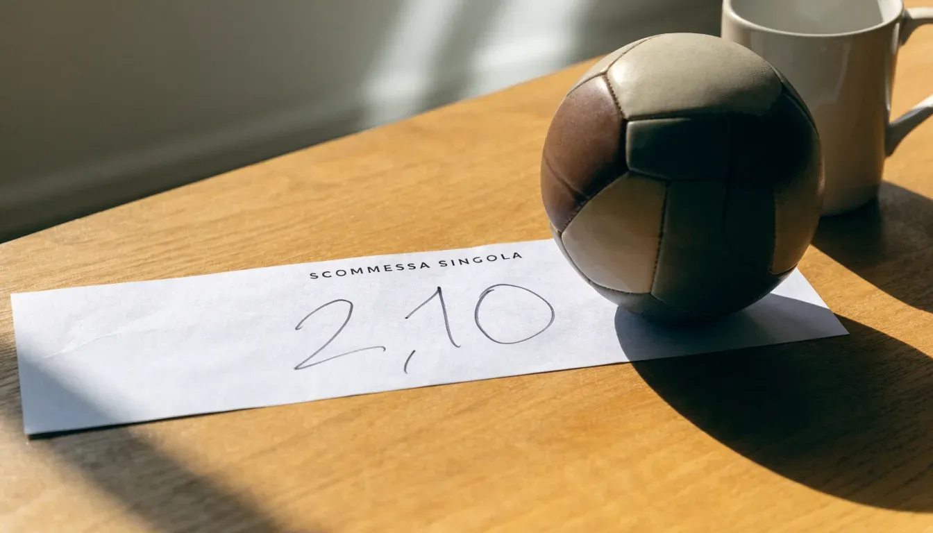 Un pallone da calcio appoggiato su una schedina bianca su un tavolo di legno, alla luce del giorno