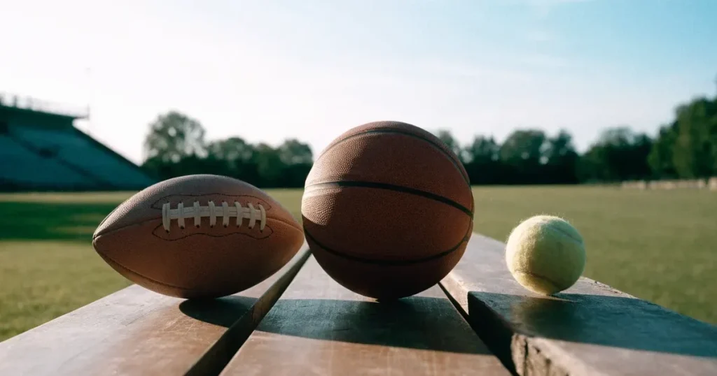 Tre palloni di sport diversi allineati uno accanto all'altro su una panca di legno