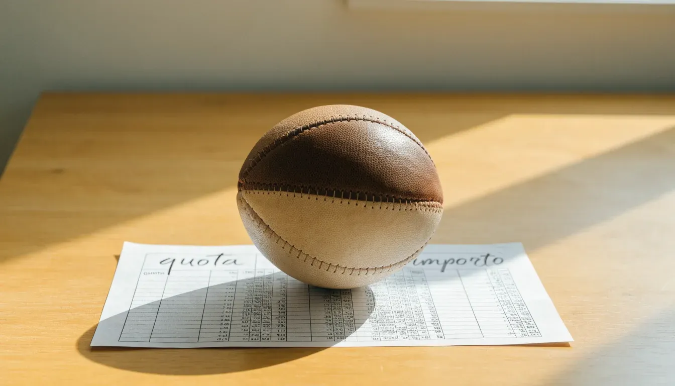 Un pallone da calcio appoggiato su una schedina bianca su un tavolo di legno, alla luce del giorno