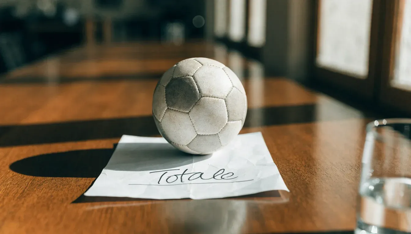 Un pallone da calcio appoggiato su una schedina bianca su un tavolo di legno, alla luce del giorno