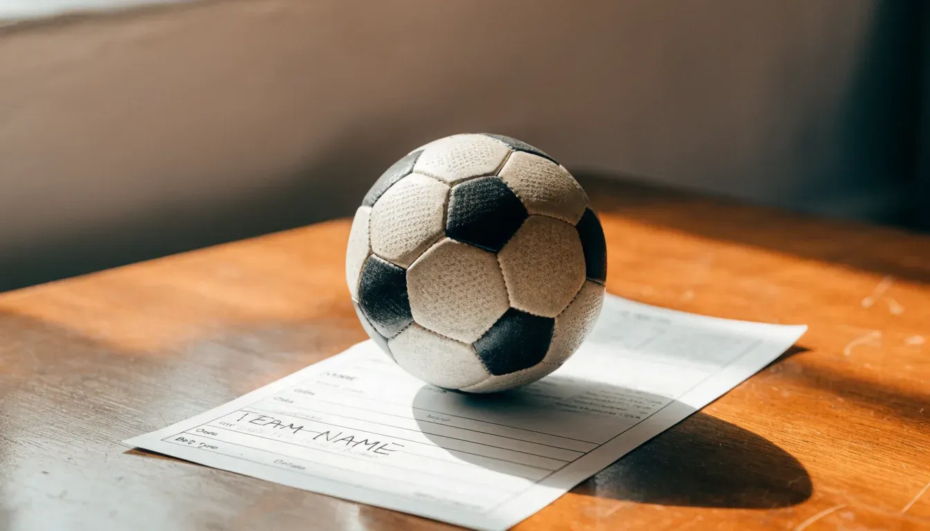 Un pallone da calcio appoggiato su una schedina bianca su un tavolo di legno, alla luce del giorno