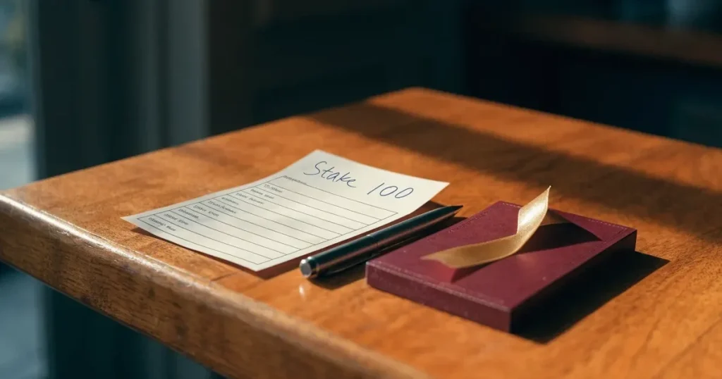 Un biglietto regalo con un nastro dorato accanto a una schedina su un bancone di legno