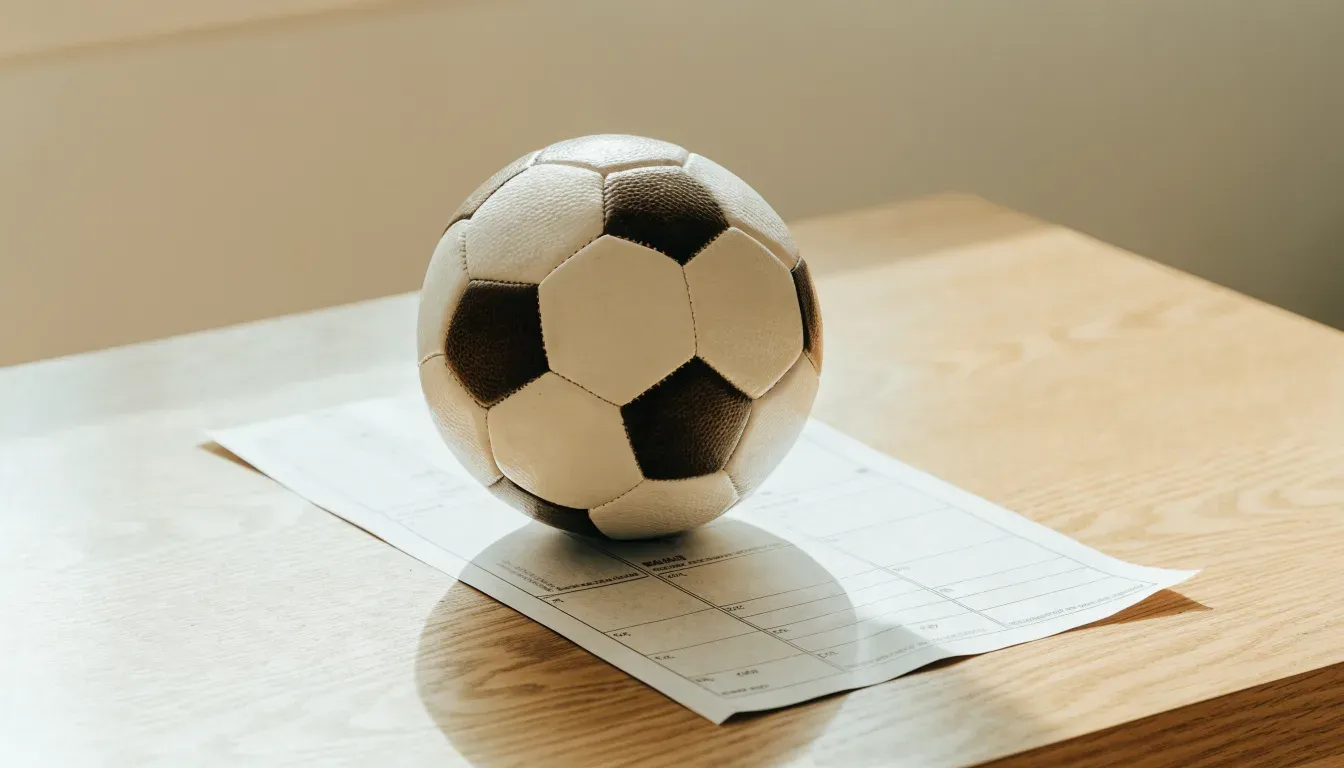 Un pallone da calcio appoggiato su una schedina bianca su un tavolo di legno, alla luce del giorno