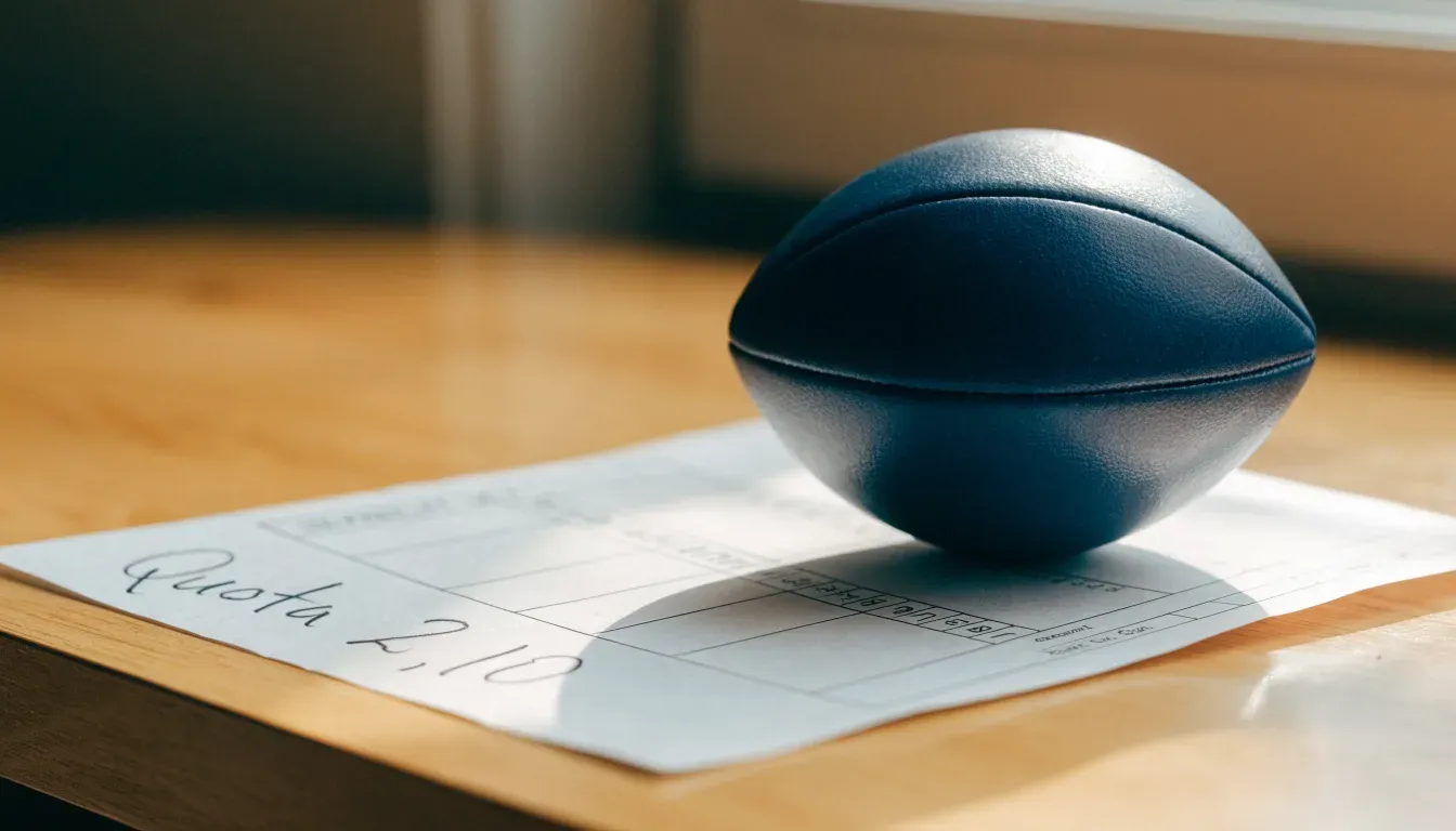 Un pallone da calcio appoggiato su una schedina bianca su un tavolo di legno, alla luce del giorno