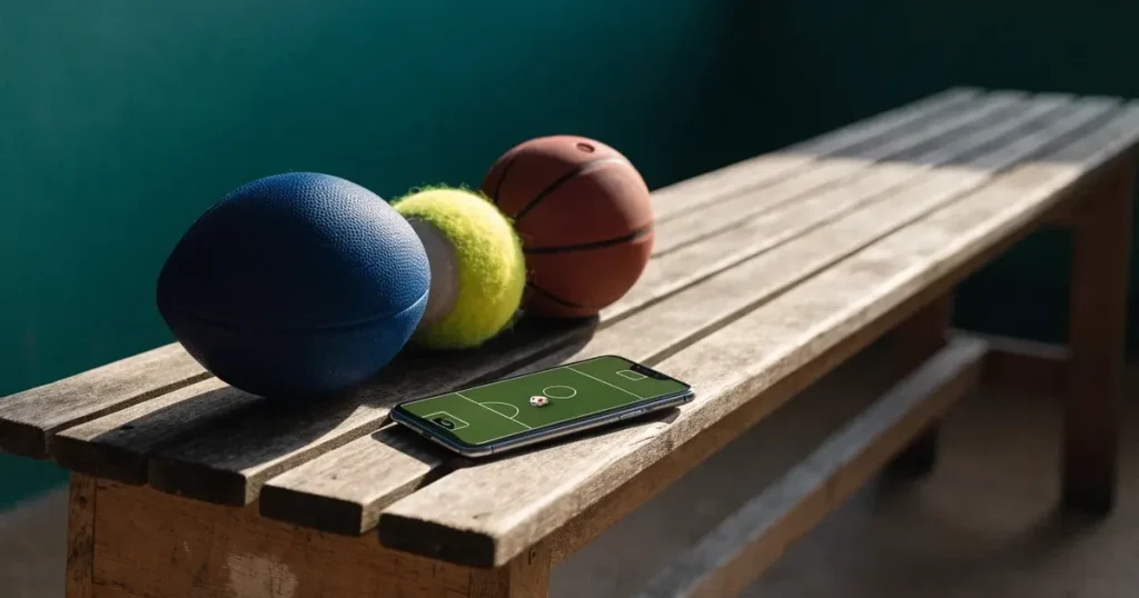 Tre palloni di sport diversi allineati uno accanto all'altro su una panca di legno