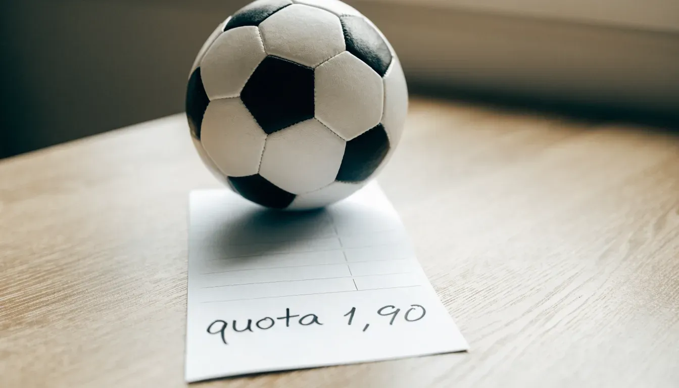 Un pallone da calcio appoggiato su una schedina bianca su un tavolo di legno, alla luce del giorno