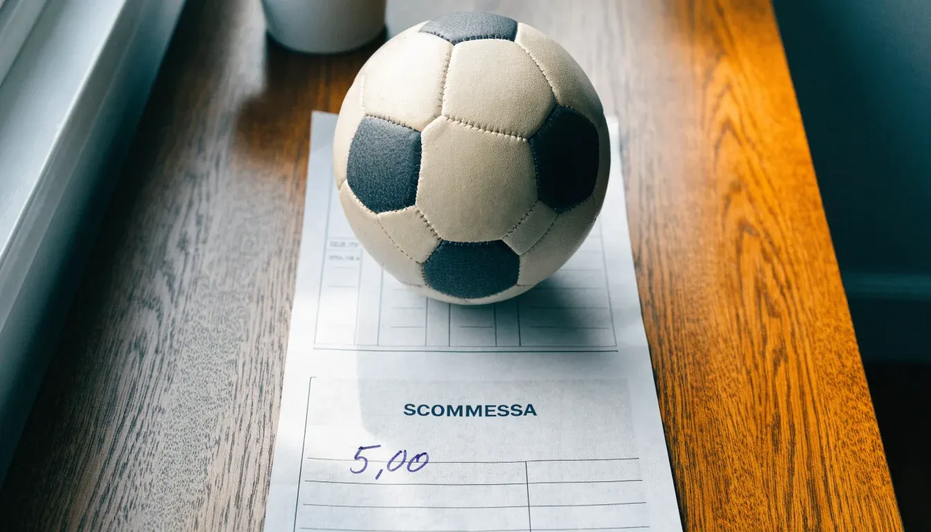 Un pallone da calcio appoggiato su una schedina bianca su un tavolo di legno, alla luce del giorno