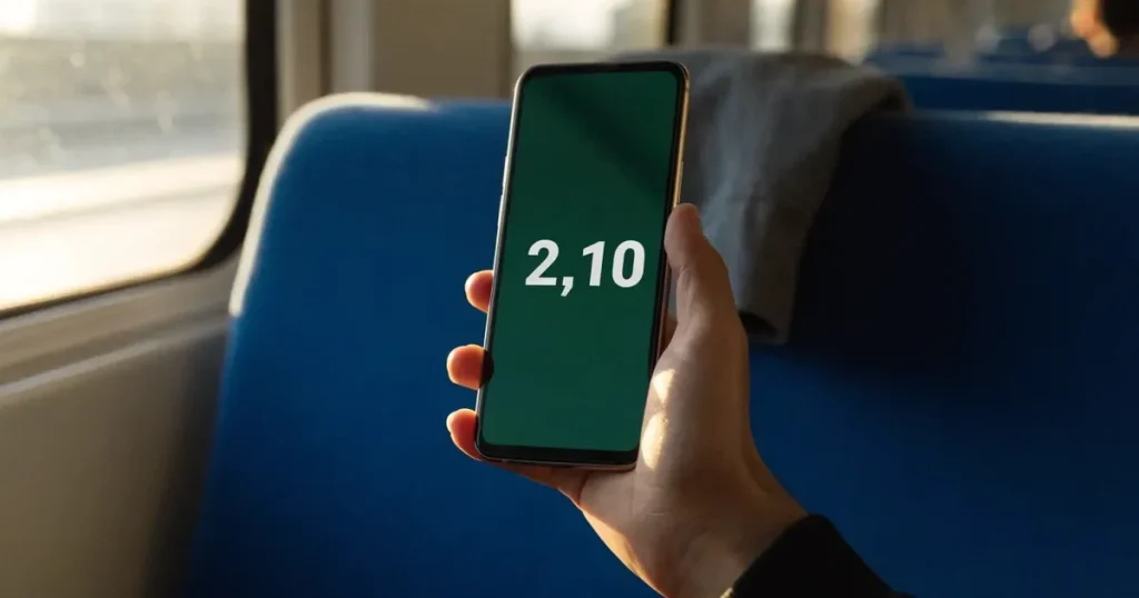 Una mano che tiene uno smartphone con una scommessa sullo schermo, su un treno nel tardo pomeriggio