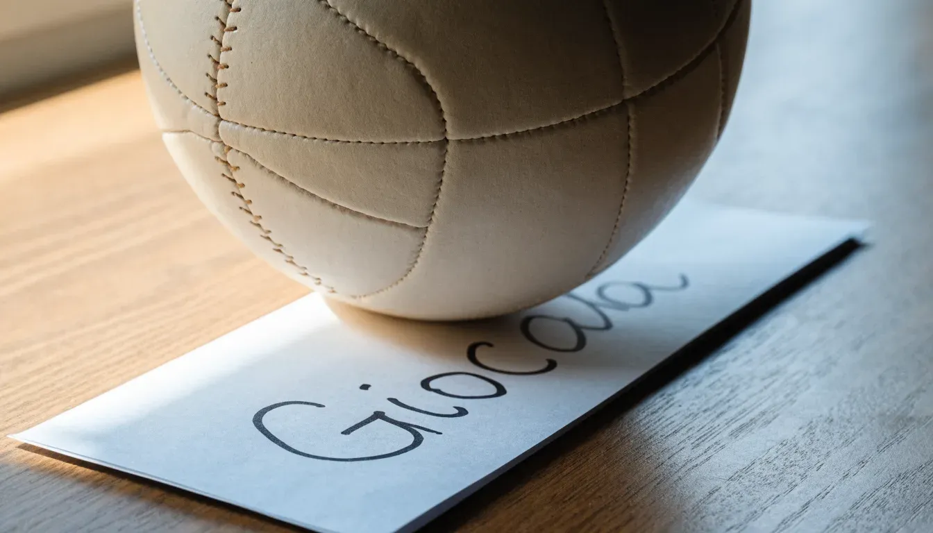 Un pallone da calcio appoggiato su una schedina bianca su un tavolo di legno, alla luce del giorno