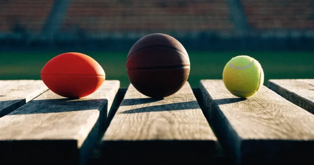 Tre palloni di sport diversi allineati uno accanto all'altro su una panca di legno