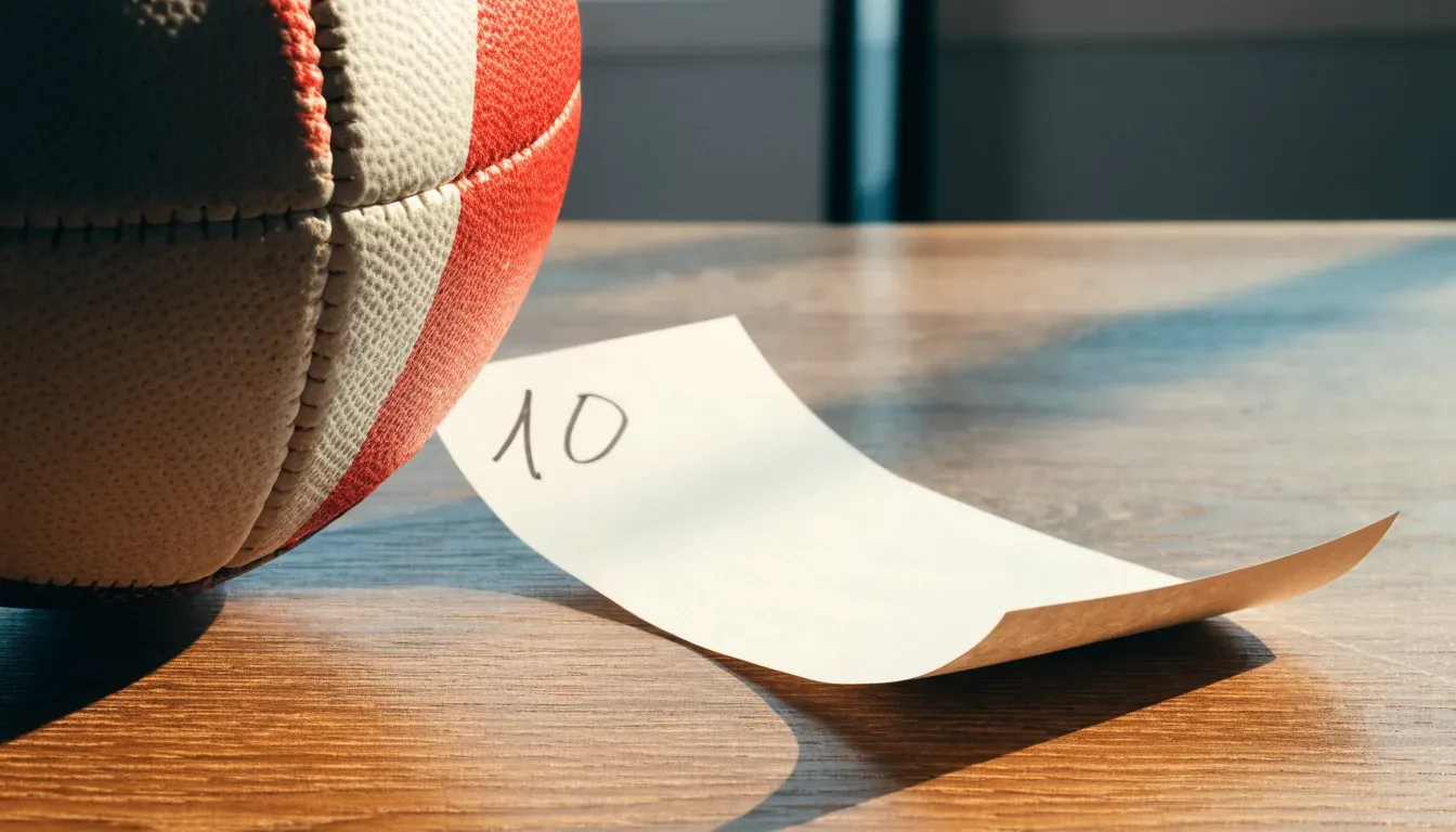 Un pallone da calcio appoggiato su una schedina bianca su un tavolo di legno, alla luce del giorno