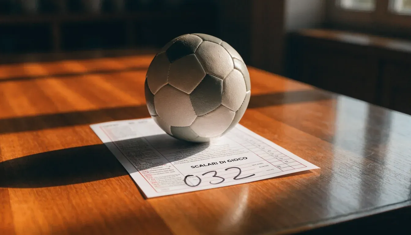 Un pallone da calcio appoggiato su una schedina bianca su un tavolo di legno, alla luce del giorno