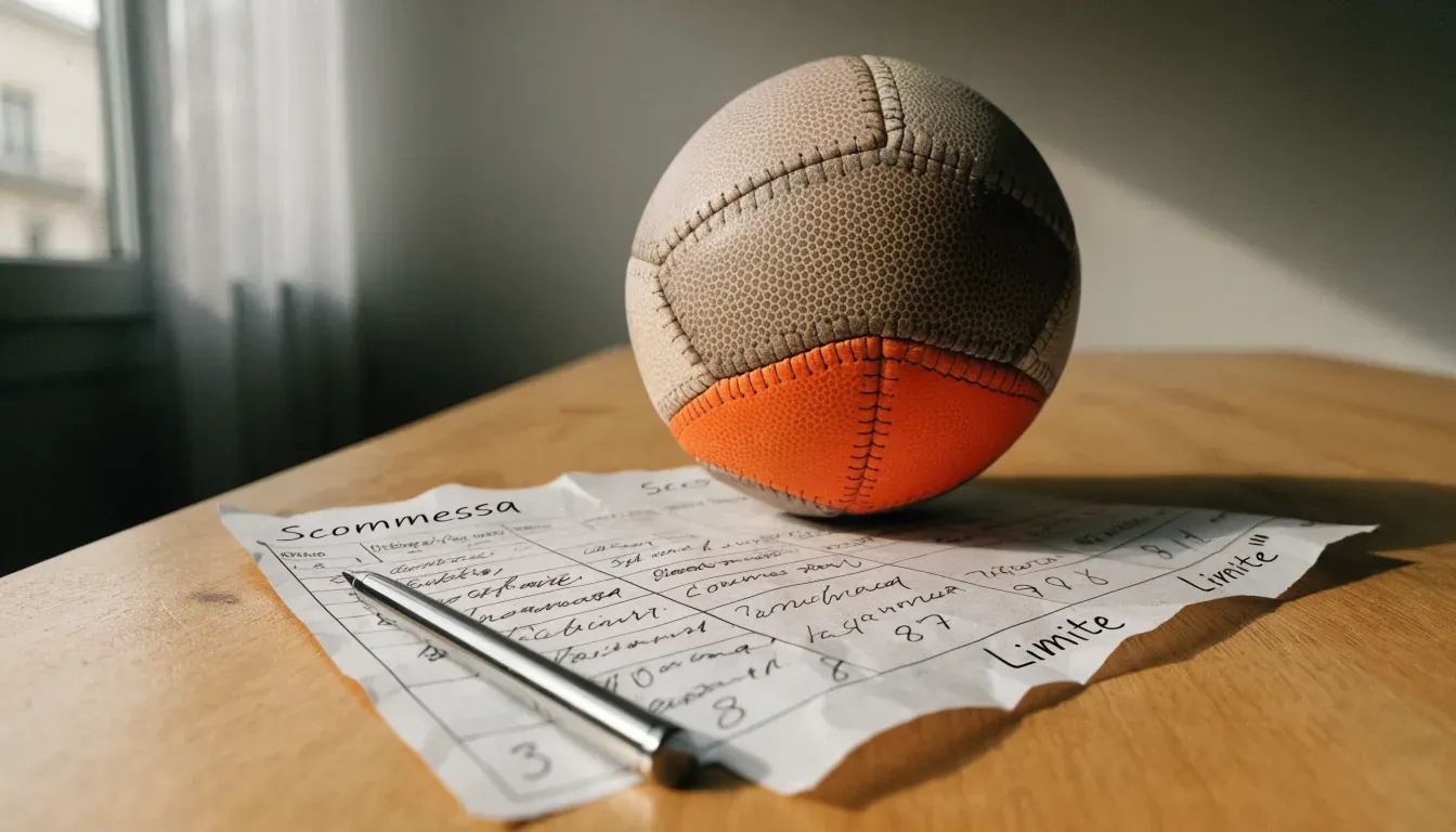 Un pallone da calcio appoggiato su una schedina bianca su un tavolo di legno, alla luce del giorno