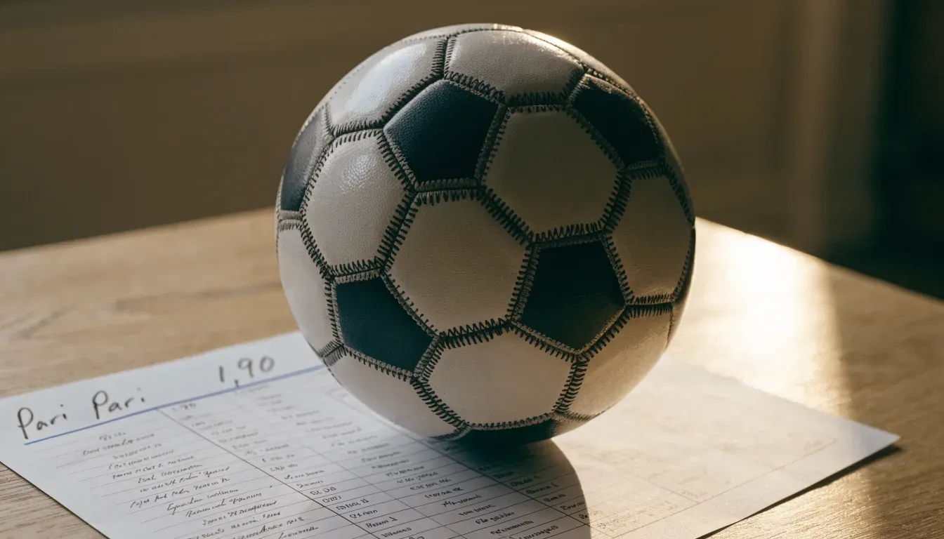 Un pallone da calcio appoggiato su una schedina bianca su un tavolo di legno, alla luce del giorno
