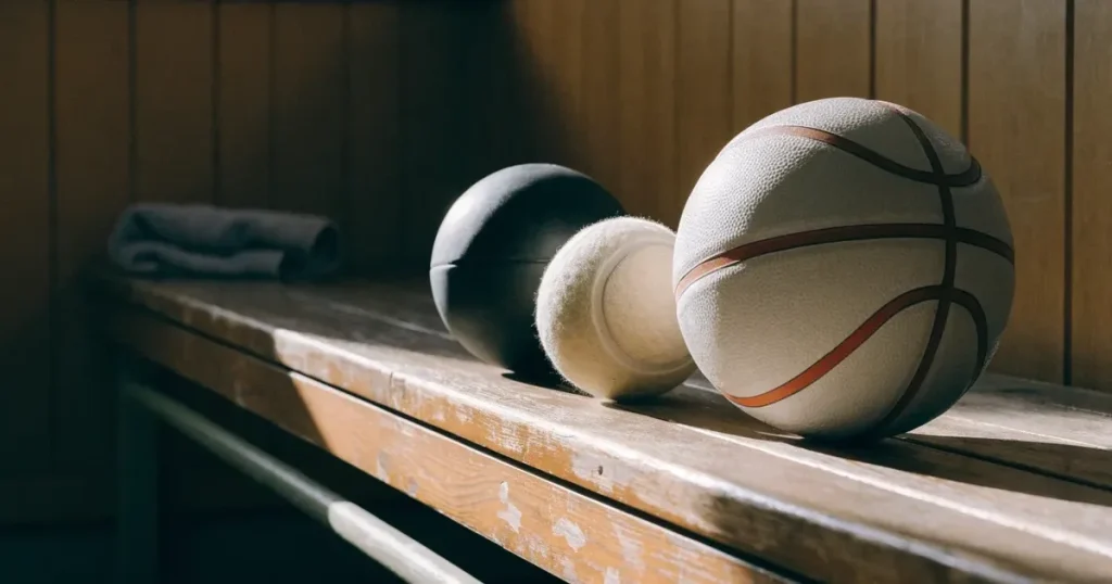 Tre palloni di sport diversi allineati uno accanto all'altro su una panca di legno