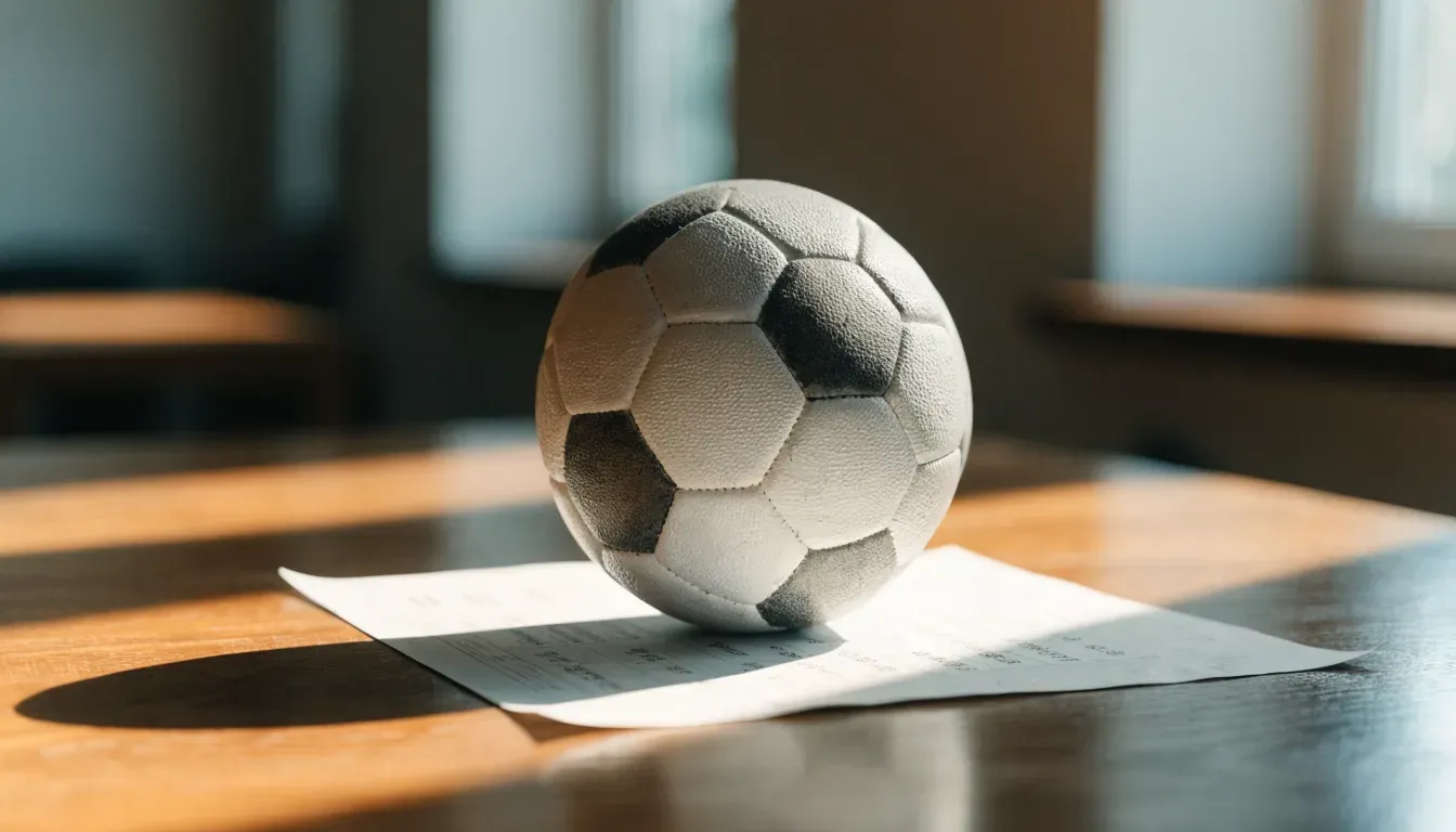Un pallone da calcio appoggiato su una schedina bianca su un tavolo di legno, alla luce del giorno