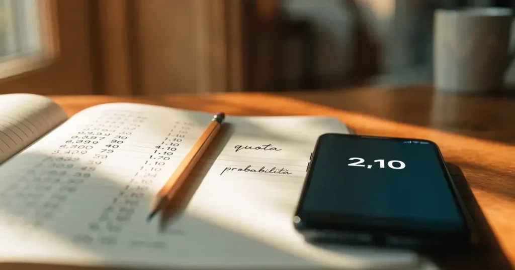 Un quaderno aperto con quote scritte a mano, una calcolatrice e una matita su un tavolo di legno