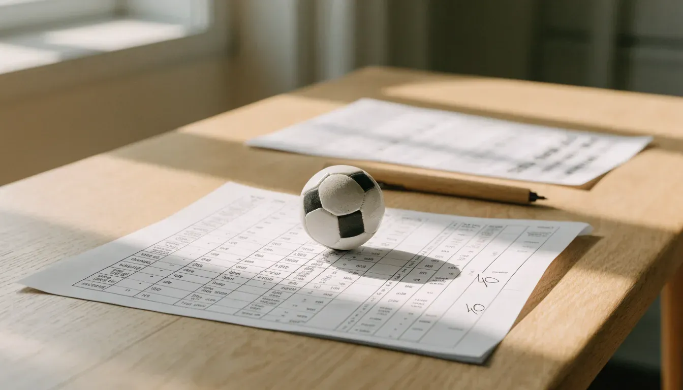 Un pallone da calcio appoggiato su una schedina bianca su un tavolo di legno, alla luce del giorno