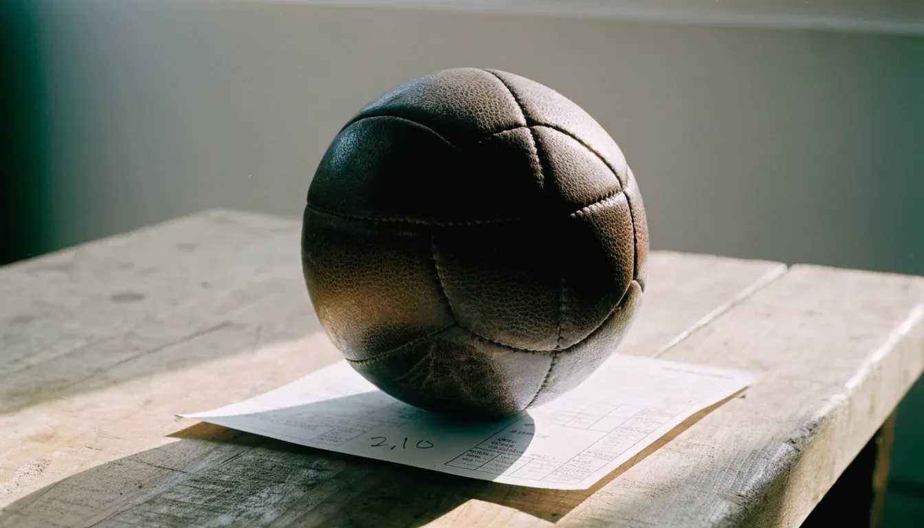 Un pallone da calcio appoggiato su una schedina bianca su un tavolo di legno, alla luce del giorno
