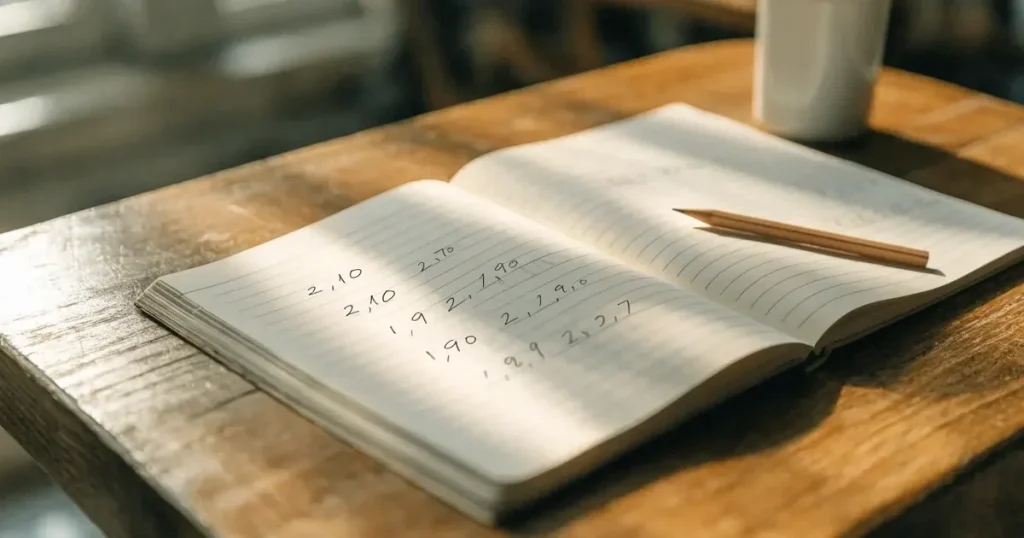 Un quaderno aperto con quote scritte a mano, una calcolatrice e una matita su un tavolo di legno