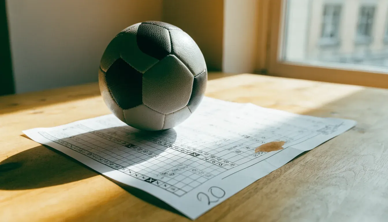 Un pallone da calcio appoggiato su una schedina bianca su un tavolo di legno, alla luce del giorno
