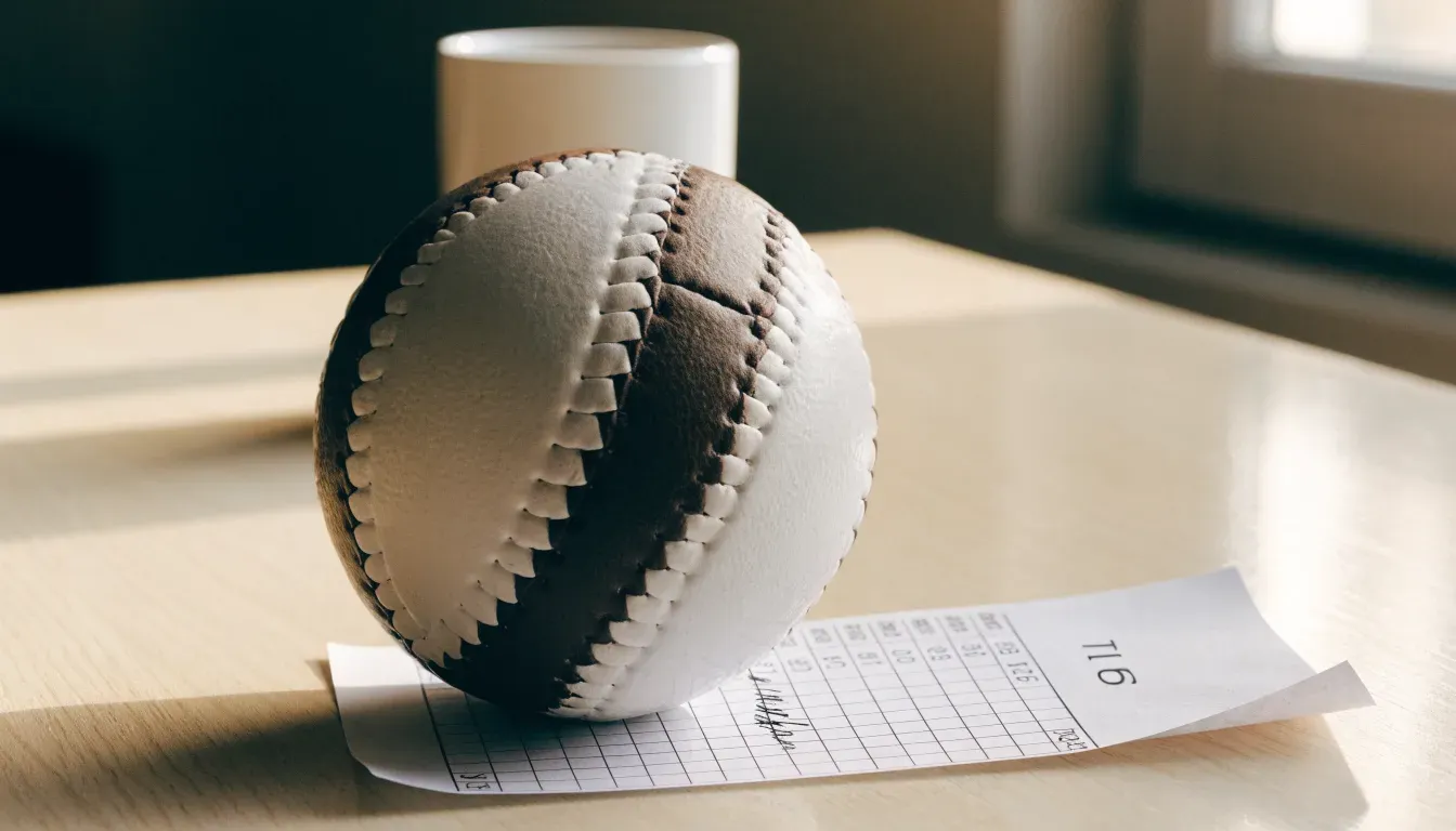 Un pallone da calcio appoggiato su una schedina bianca su un tavolo di legno, alla luce del giorno