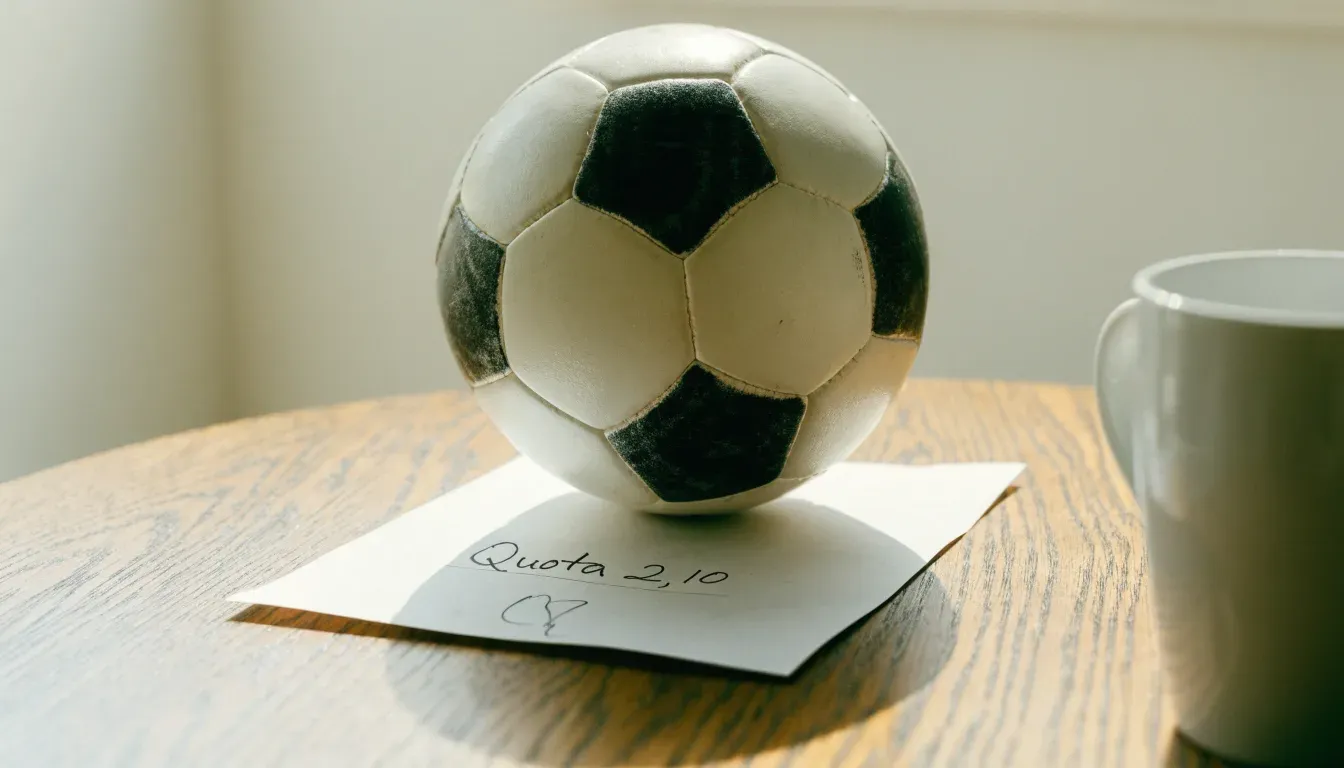 Un pallone da calcio appoggiato su una schedina bianca su un tavolo di legno, alla luce del giorno