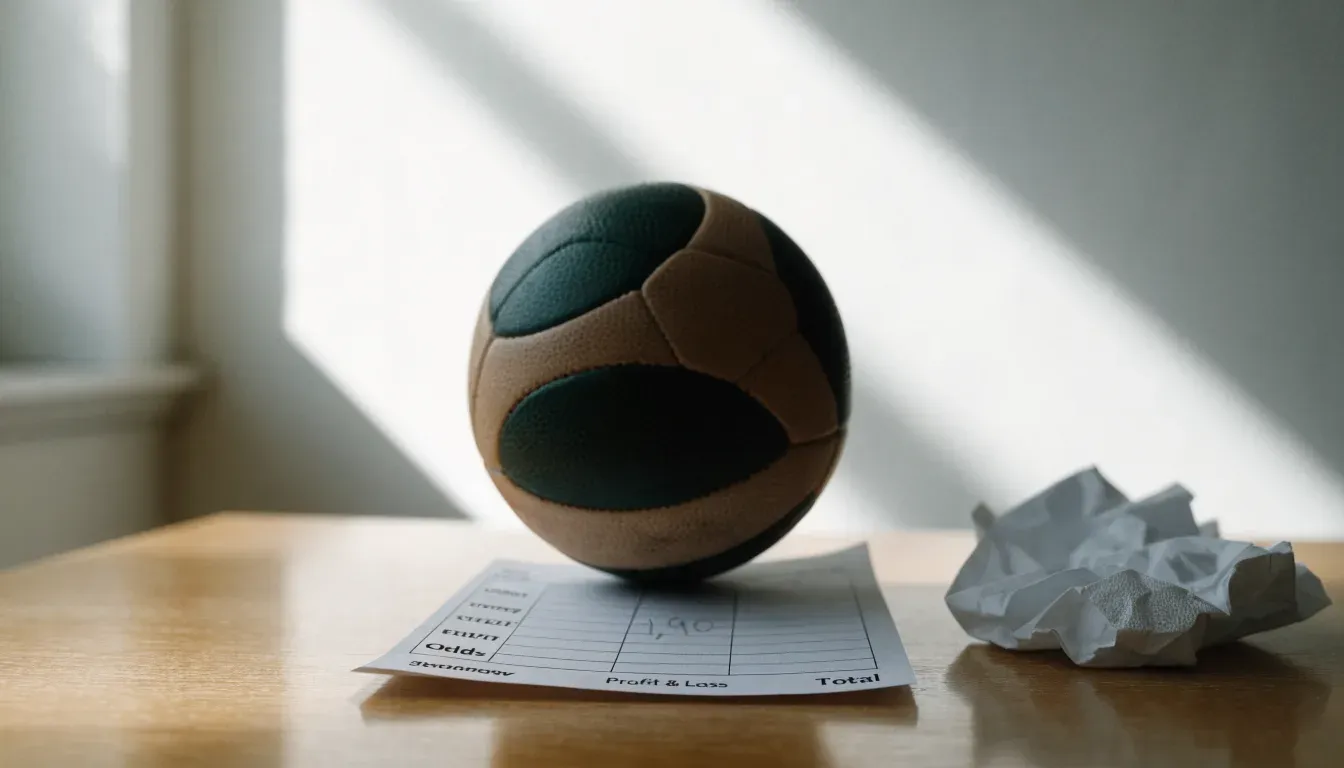 Un pallone da calcio appoggiato su una schedina bianca su un tavolo di legno, alla luce del giorno