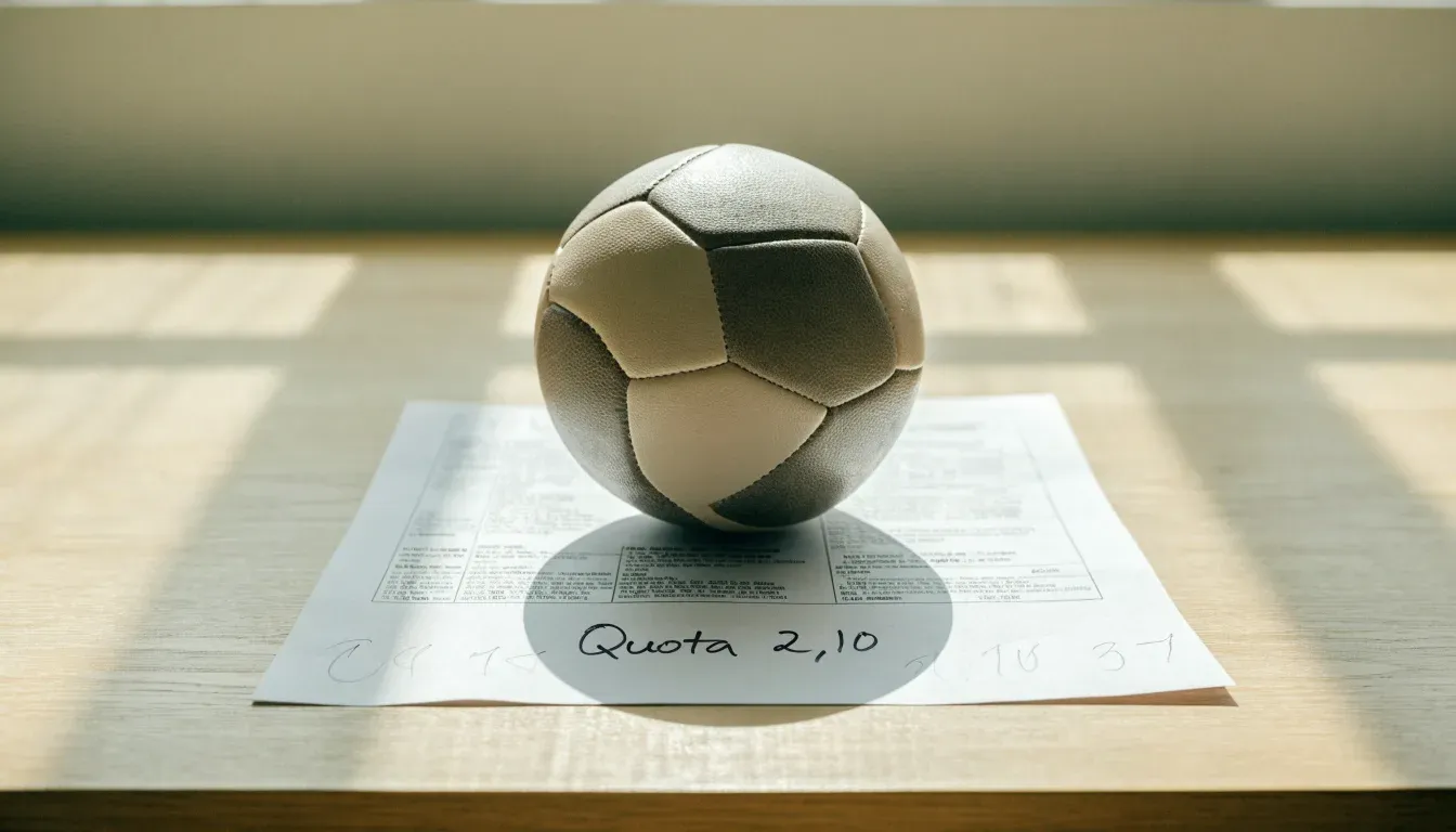 Un pallone da calcio appoggiato su una schedina bianca su un tavolo di legno, alla luce del giorno