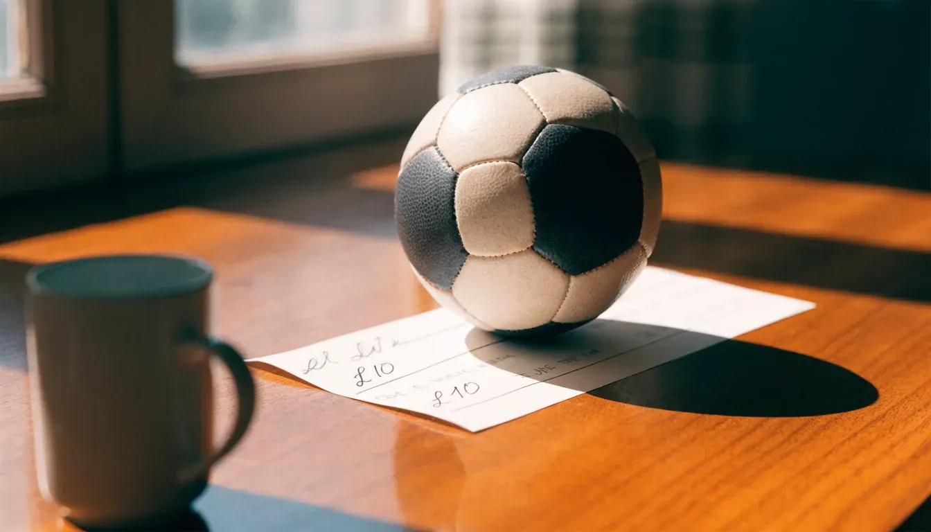 Un pallone da calcio appoggiato su una schedina bianca su un tavolo di legno, alla luce del giorno